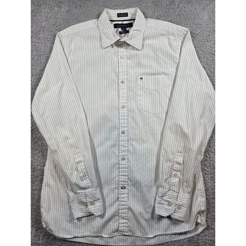 Tommy Hilfiger Button Down Shirt M White Pinstripe Mens Custom Fit Cotton